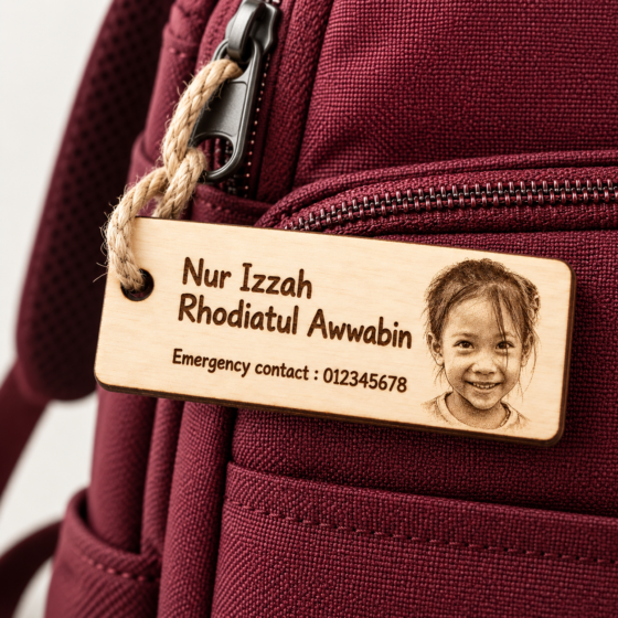 Personalised Engrave Emergency Wooden Tag untuk Beg Sekolah Anak & Bag Travel dengan Nama Kelas & Nombor Contact Khas